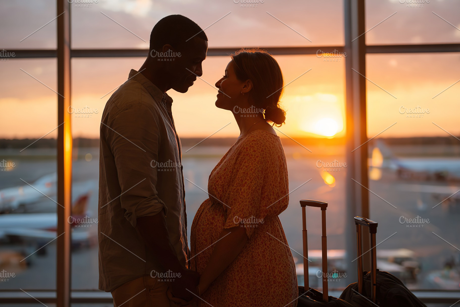 Couple enjoys sunset together at airport as they await their next journey, a Photo by AlyaAnd