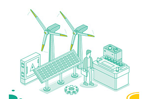 Isometric two wind turbines, solar., a Technology Illustration by Booblgum