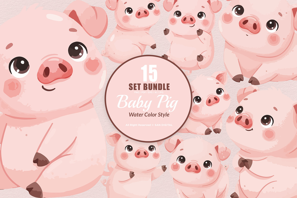 15 Bundle Watercolor Baby Pig Pink, an Animal Illustration by Morspective (Photo 1 of 8)