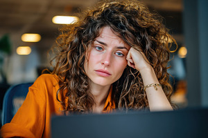 Woman with curly hair at work desk, a Photo by Beautiful things