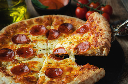 A slice of hot Italian pizza with stretching cheese. Pizza pepperoni on a dark, a Food & Drink Photo by Budarinphoto