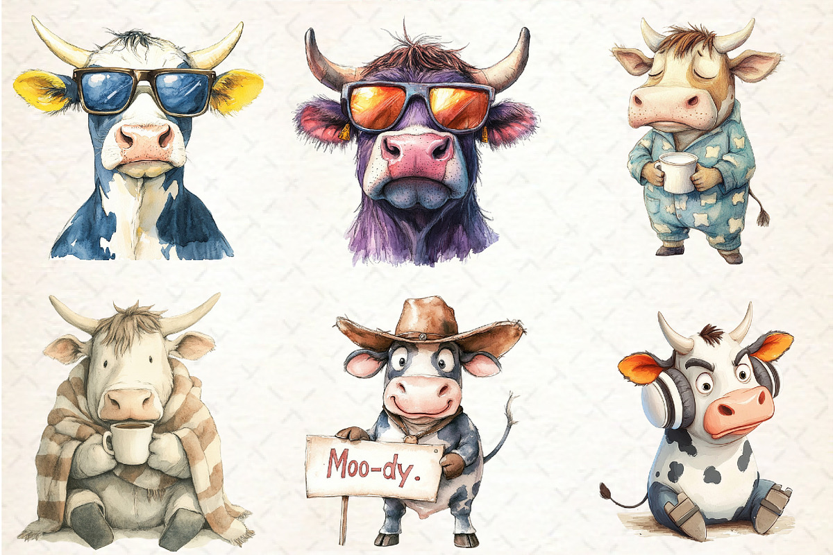 Funny Grumpy Cow Clipart Bundle, an Illustration by Rose Art (Photo 3 of 4)
