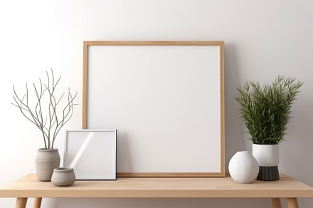 Blank print frame mockup with plants and decor on light backgrou, a Photo by Dvoevnore photos