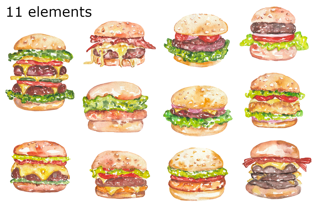 Burgers watercolor clipart, a Background Graphic by GoodFairyClipArt (Photo 2 of 3)