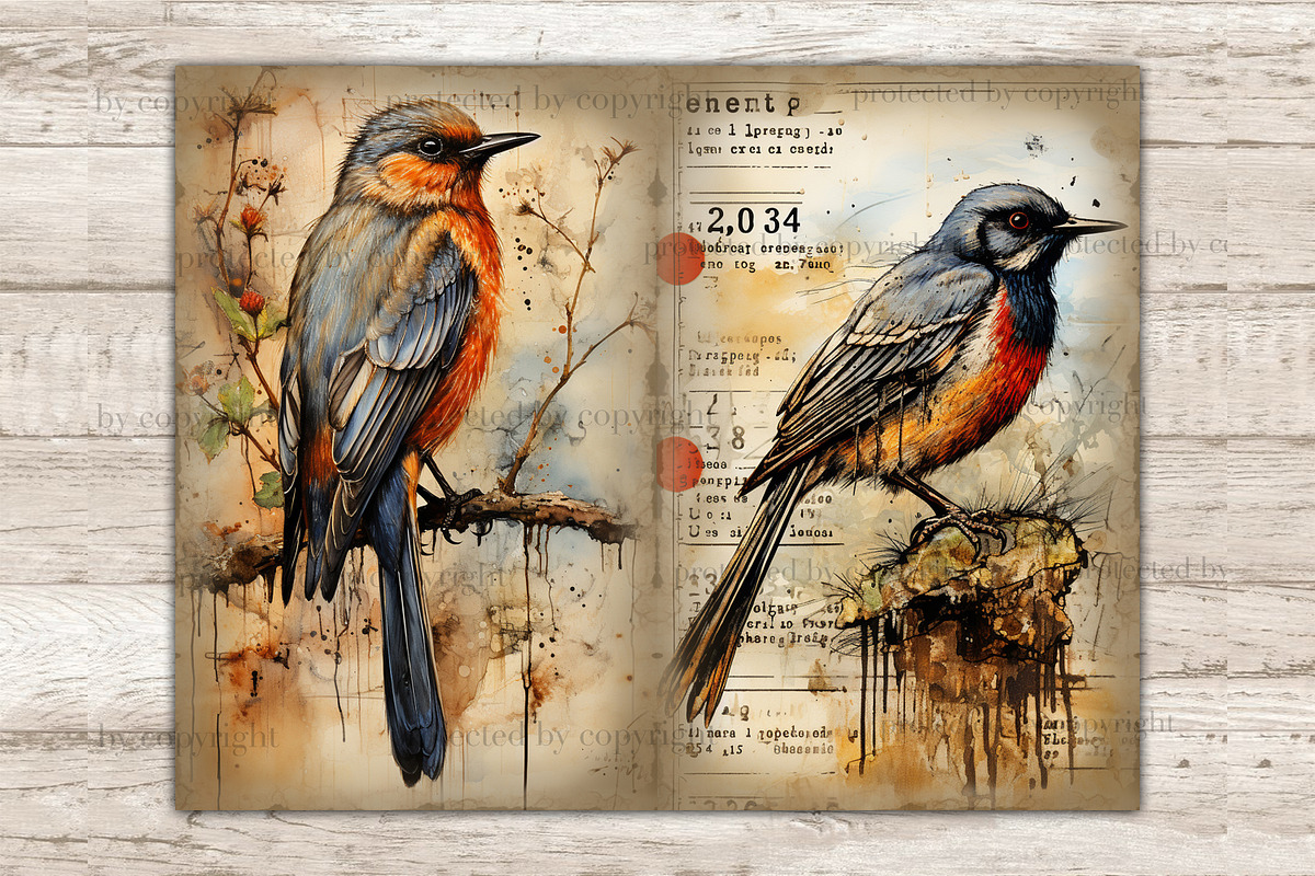 Vintage Birds Junk Journal Pages, an Animal Illustration by GlamArtZhanna (Photo 7 of 9)