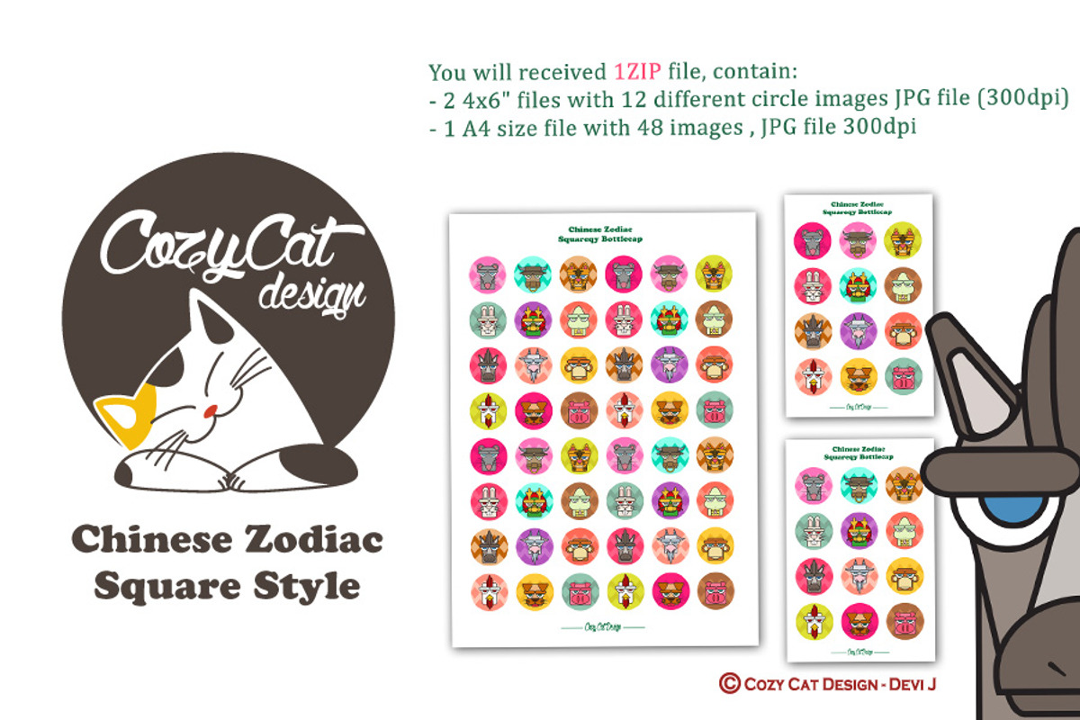 Chinese Zodiac Squareky Bottlecap, an Animal Illustration by Cozy Cat Design (Photo 1 of 3)