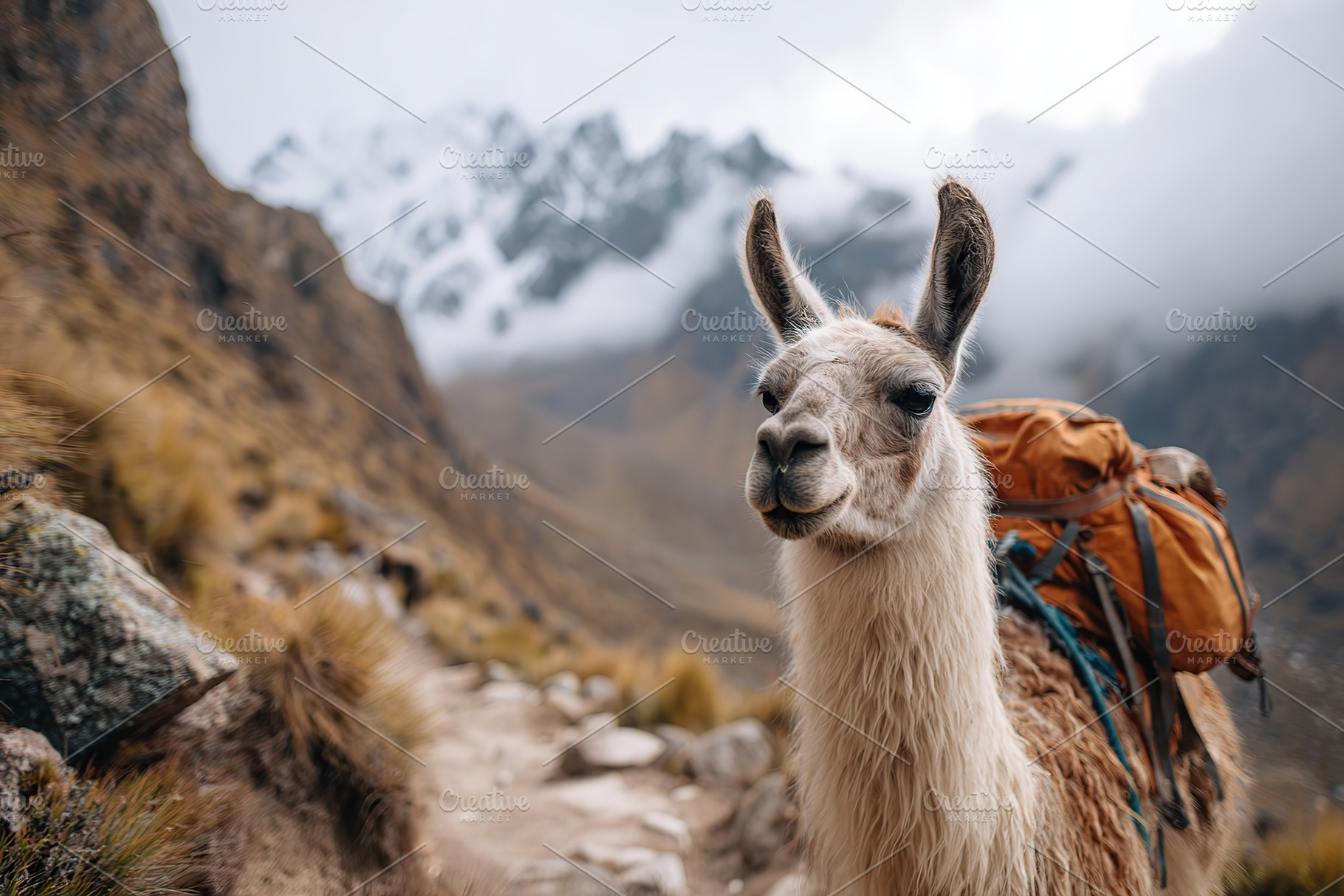 Llama carrying a backpack on a scenic mountain trail with snow-capped peaks in, an Animal Photo by AlyaAnd