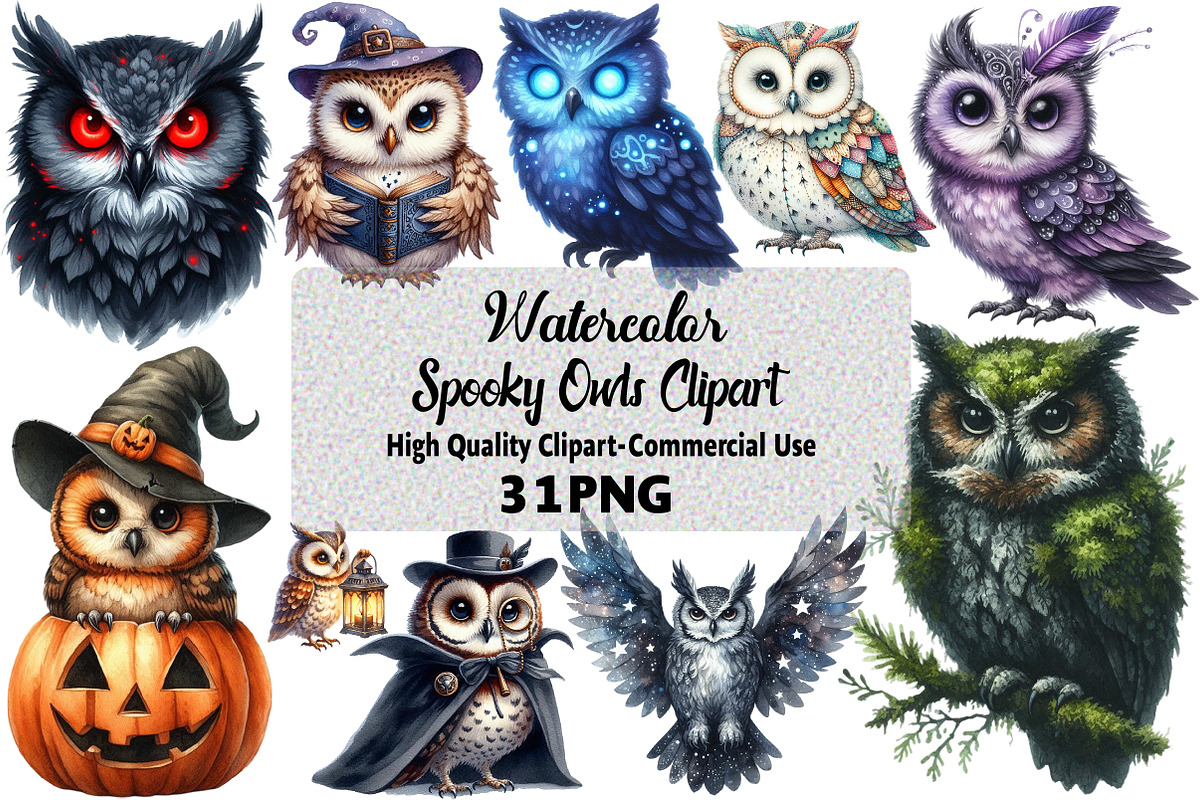 Watercolor Spooky Owls Clipart, an Illustration by Daily.Designs (Photo 1 of 5)
