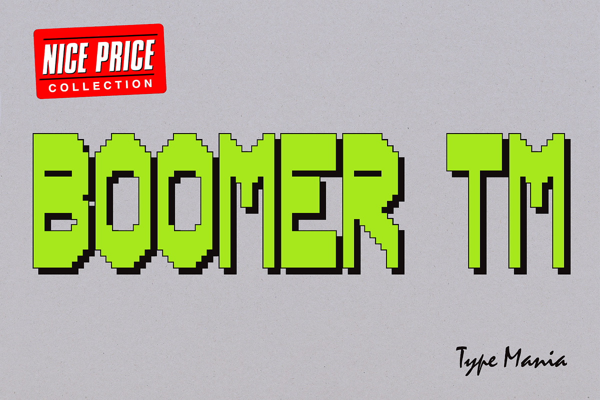 Boomer TM – Funky Pixel Font, a Sans Serif Font by Type Mania (Photo 1 of 10)