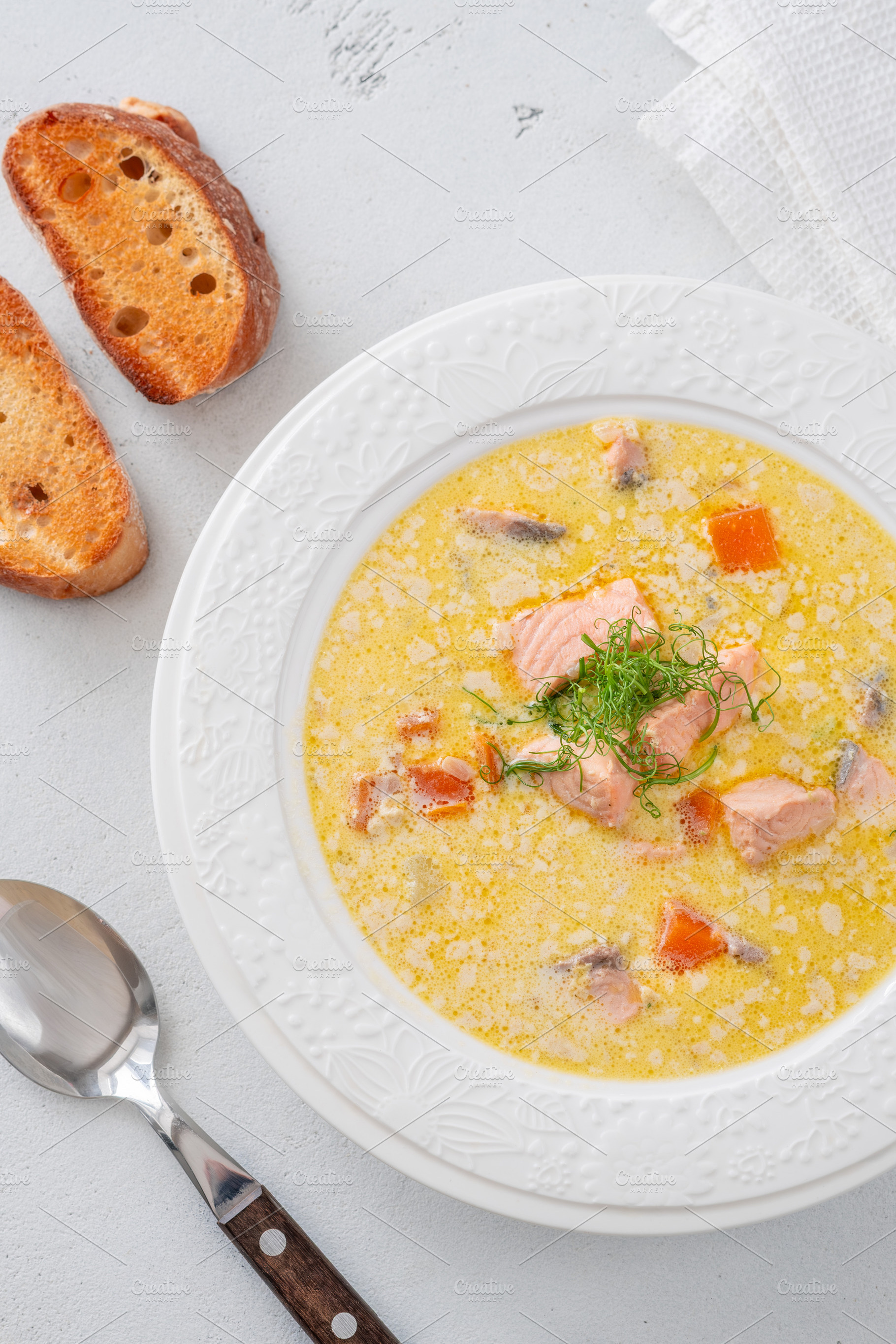 Finnish creamy salmon soup, a Food & Drink Photo by Alexander Prokopenko