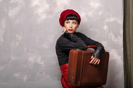 Girl holding a suitcase featuring frenchwoman, human, and people, a Beauty & Fashion Photo by Elena Vagengeim