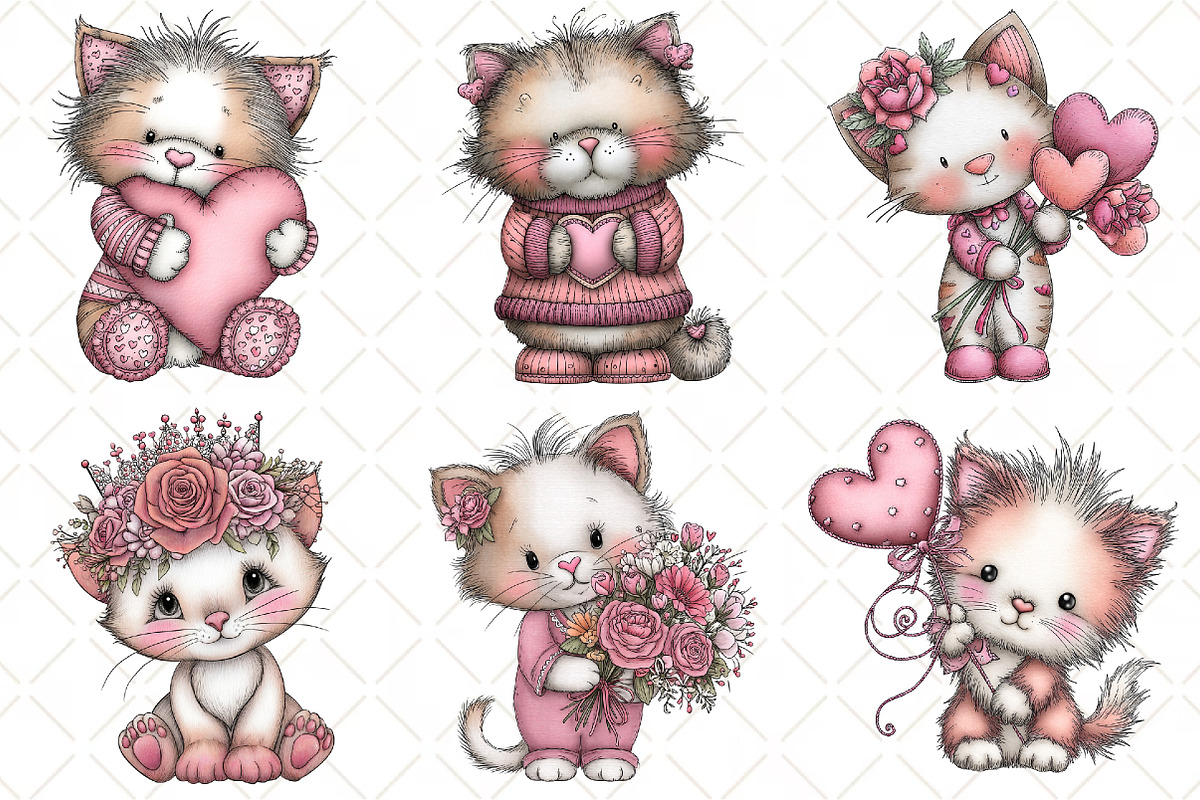 Whimsical Valentine Cat Clipart, an Illustration by Black Bird Studio (Photo 2 of 6)