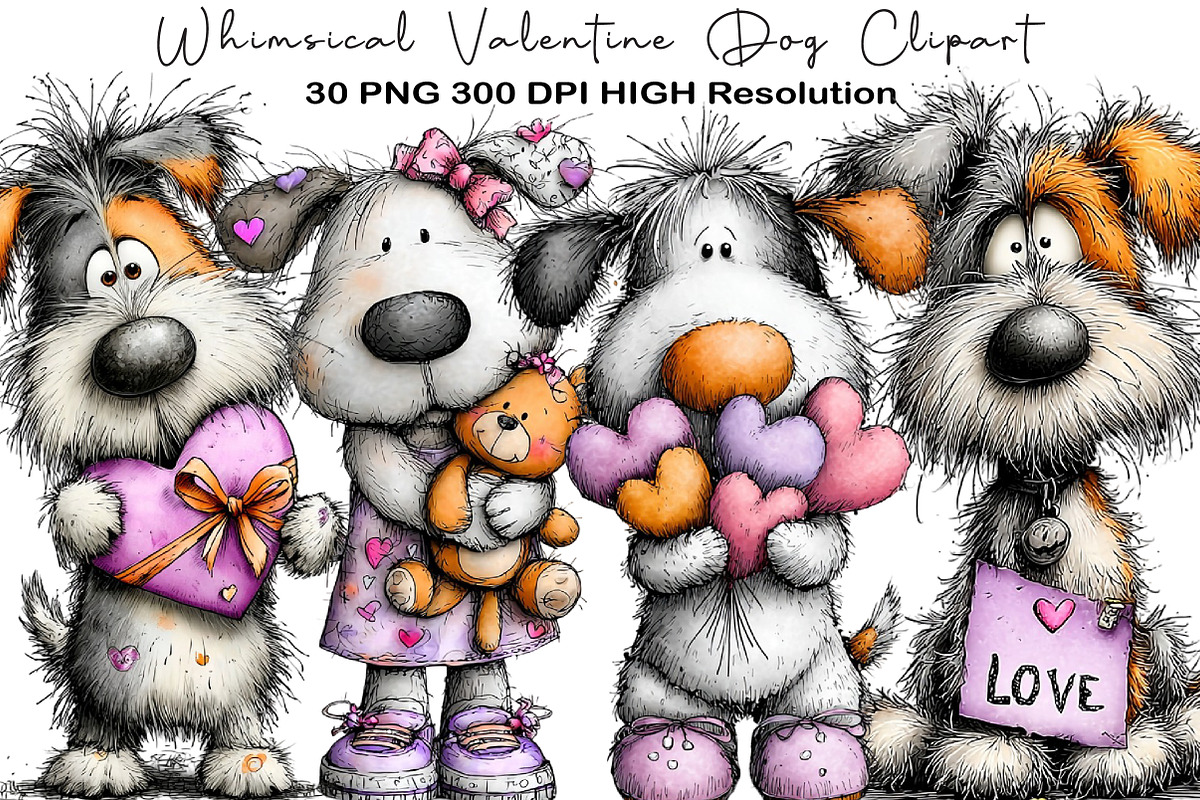 Whimsical Valentine Dog Clipart, an Animal Illustration by Black Bird Studio (Photo 1 of 6)