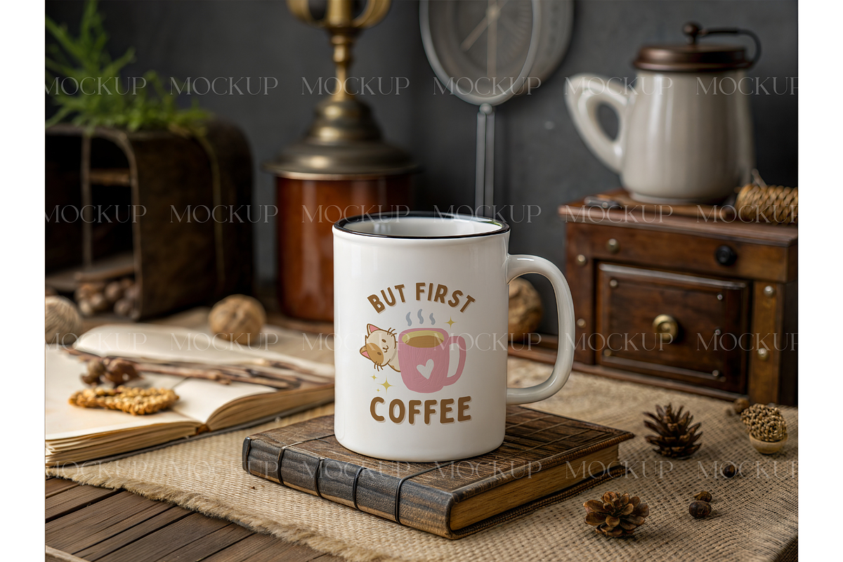 Vintage Cup Mockup on Wooden Desk, a Product Mockup by MockupWizard (Photo 2 of 3)