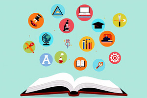Open book with floating educational, a School & Education Photo by Perpis