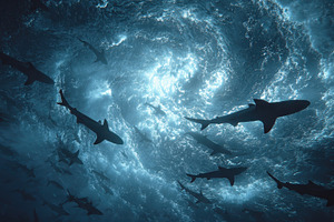 Shark silhouettes underwater swirlin, an Abstract Photo by Pixeness Studio