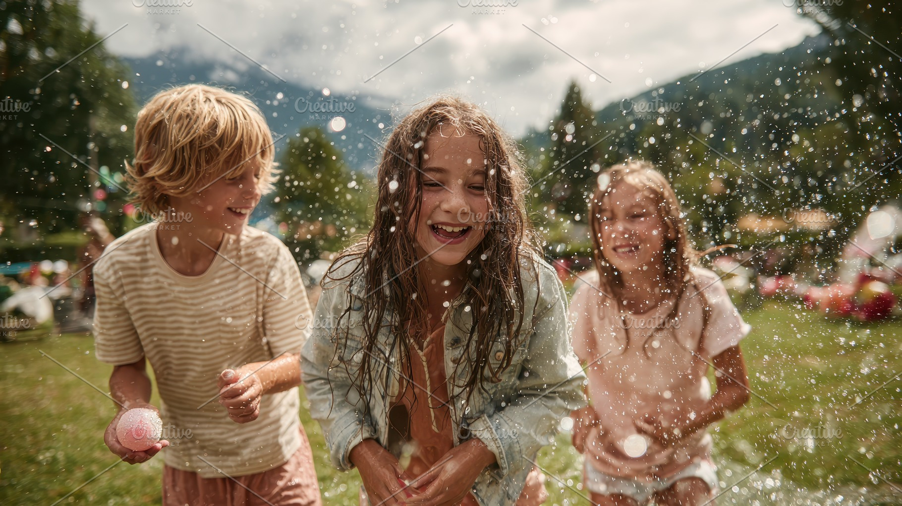 Happy kids playing in water summer f, a Photo by Pixeness Studio