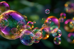 Rainbow soap bubbles floating in air, a Photo by Pixeness Studio