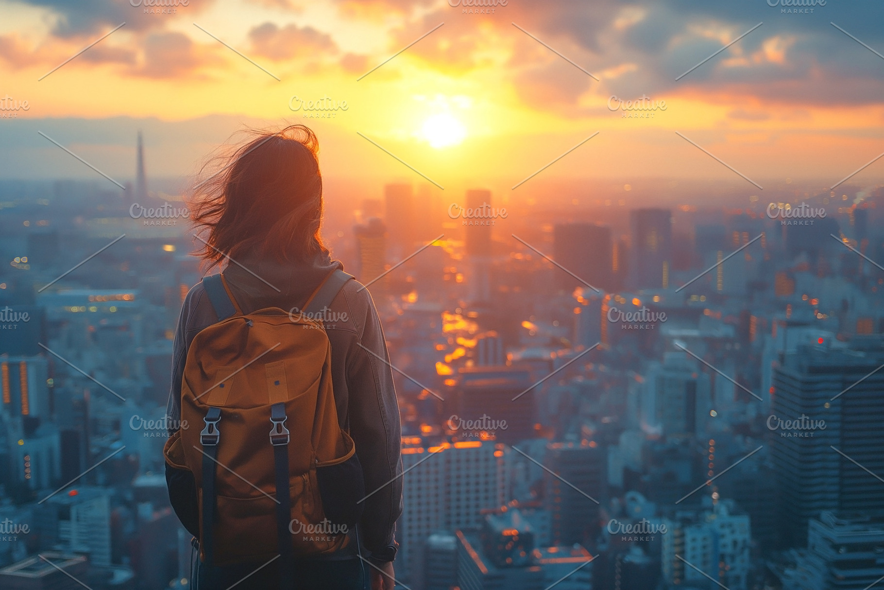 A young female traveler gazes at a stunning sunset over the city, a Person Photo by ImageMir