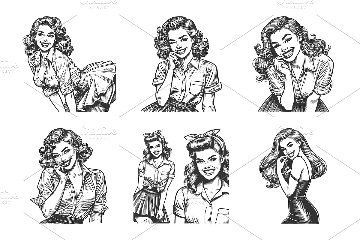 Smiling retro pin-up women portraits, a Person Illustration by AlexArt