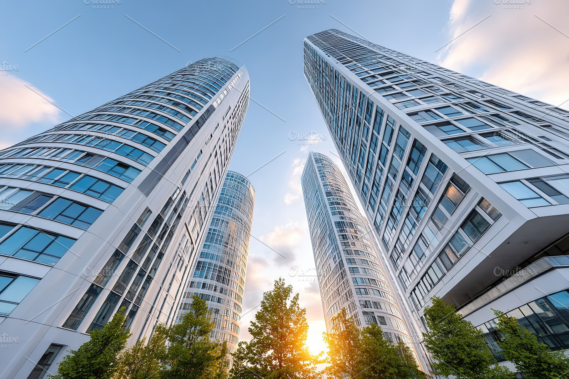 Modern skyscrapers rise against a bright sunset in an urban landscape with vibr, an Architecture Photo by AlyaAnd
