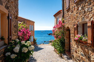 Explore a quiet coastal village with blooming flowers and stunning ocean views, an Architecture Photo by AlyaAnd