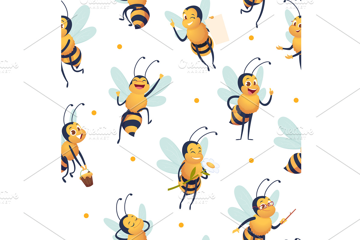 Bees pattern. honey bees in cartoon, an Animal Illustration by Onyx