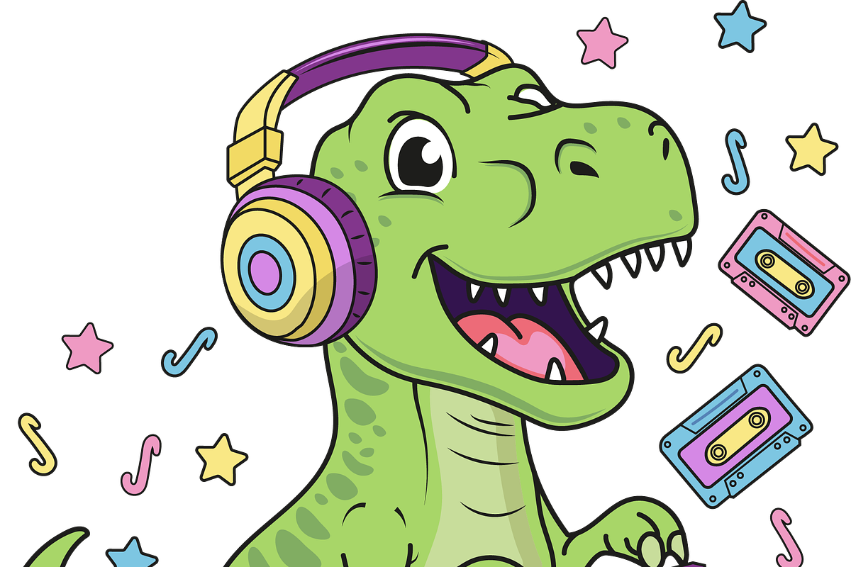 dinosaur listens to retro music, an Animal Illustration by JYa_Design
