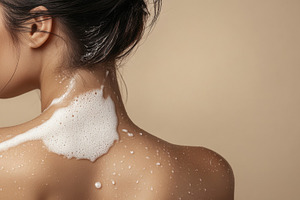 Woman washing her back with soap, a Photo by Beautiful things
