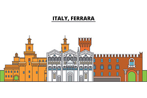 Italy, Ferrara. City Skyline, Architecture, Buildings, Streets, Silhouette, Landscape, Panorama, Landmarks. Editable Strokes. Flat Design Line Vector 