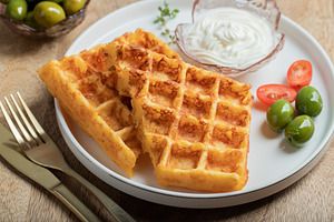 Crunchy waffle fries with sour cream dip served in a basket, a Food & Drink Photo by Budarinphoto
