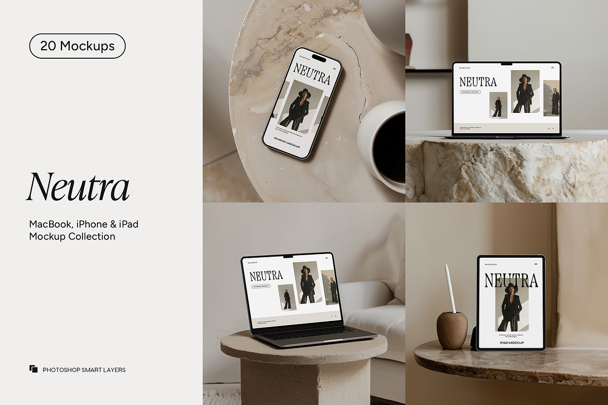 MacBook, iPhone, iPad Mockup Bundle, a Device Mockup by Wildfield Studio (Photo 1 of 9)