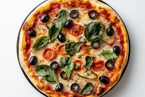 Pizza with vegetables and olives on, a Food & Drink Photo by Pixeness Studio