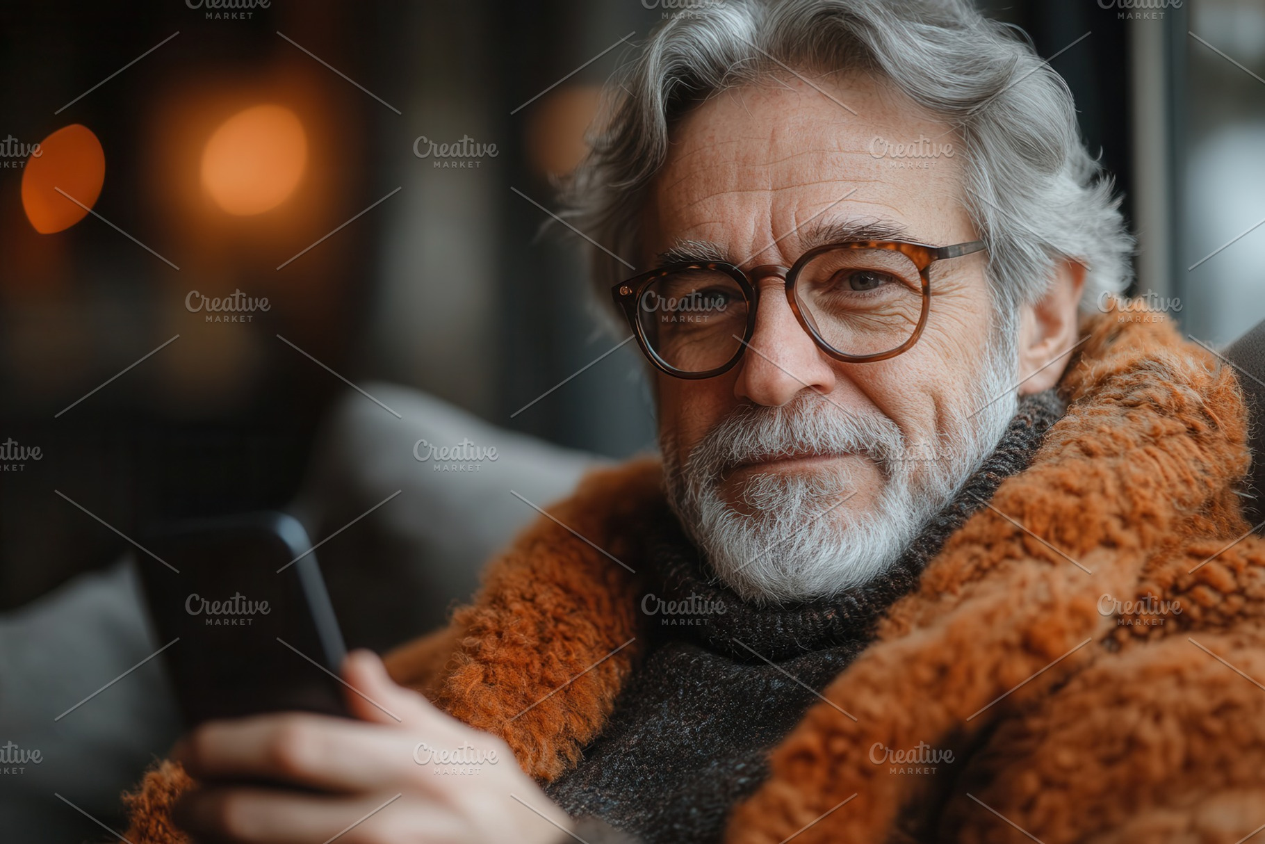 Older man in cozy sweater relaxes wi, a Photo by Tanuart