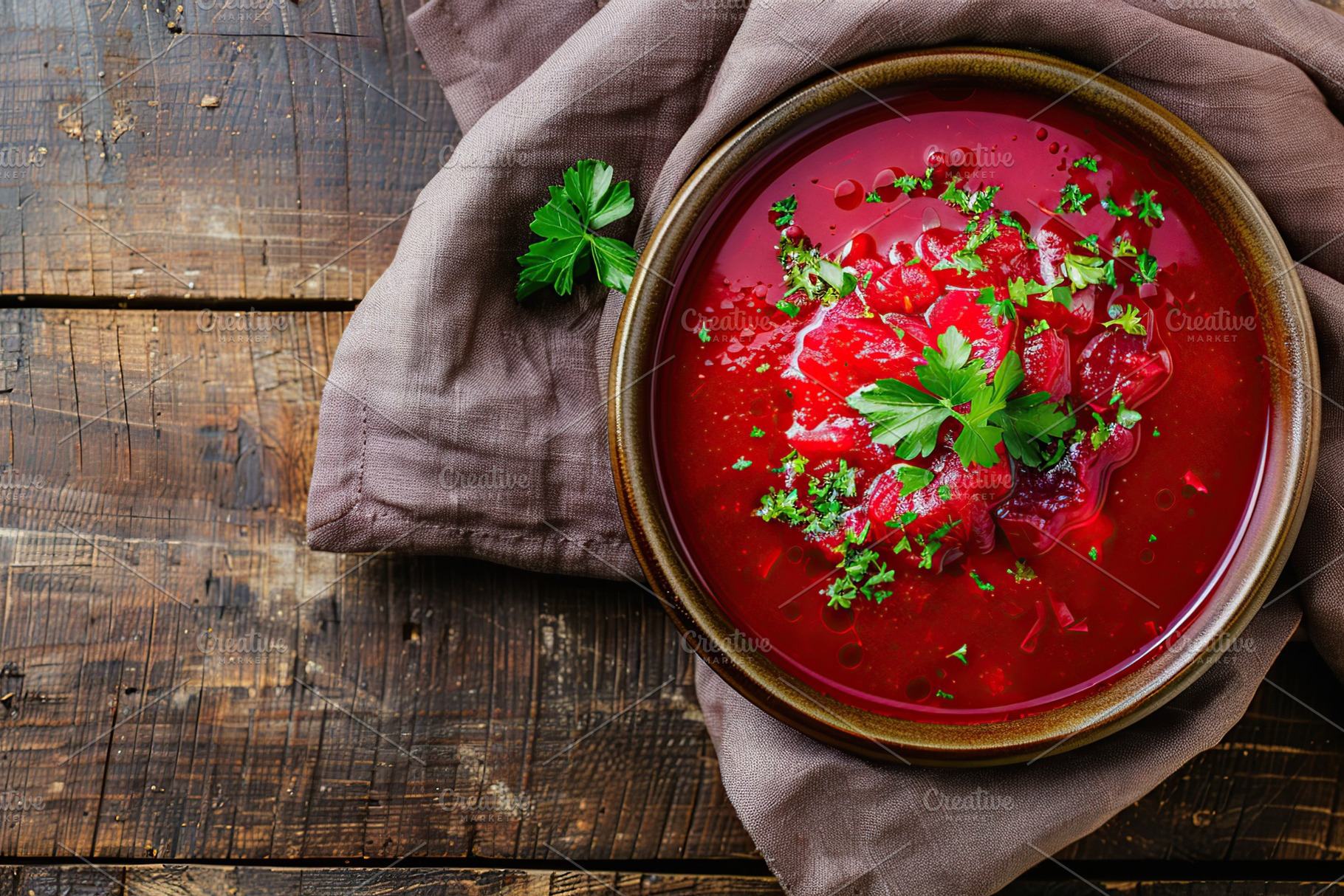 Flat lay of bowl of beet root soup borsch on wooden table, a Food & Drink Photo by AlyaAnd