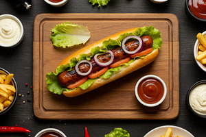 Hot dog with sausage, lettuce, tomat, a Food & Drink Photo by professorinc