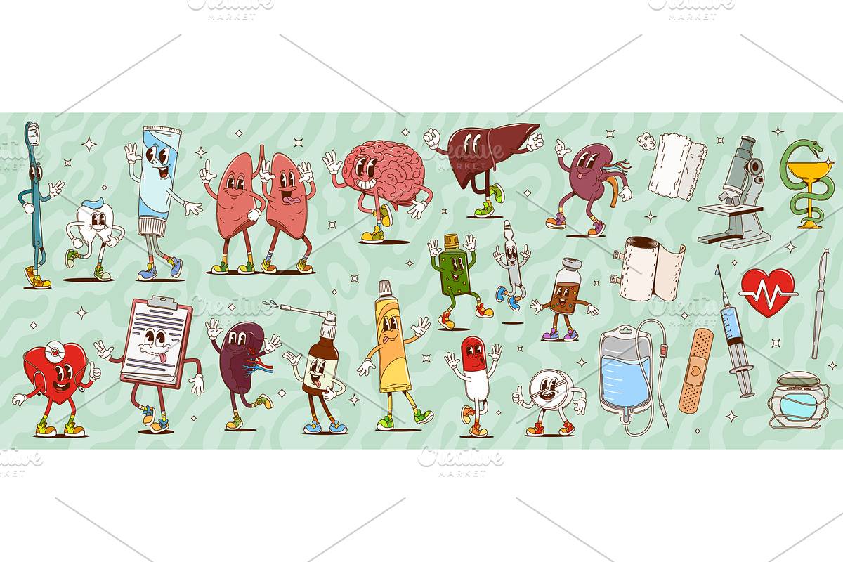 Cartoon groovy medicine characters, a Healthcare Illustration by Vector Tradition