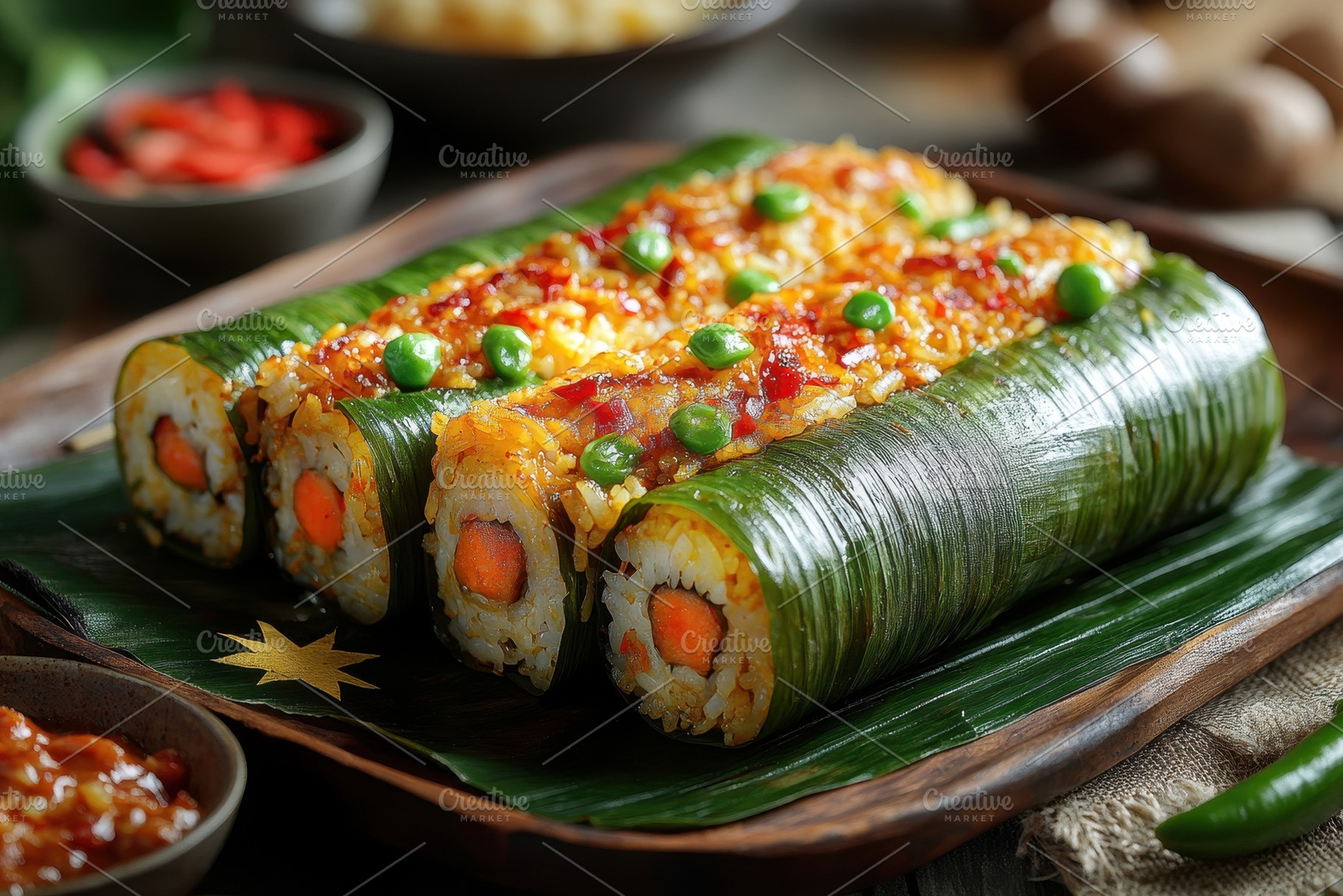 Delicious sushi rolls presented on a, a Photo by Tanuart