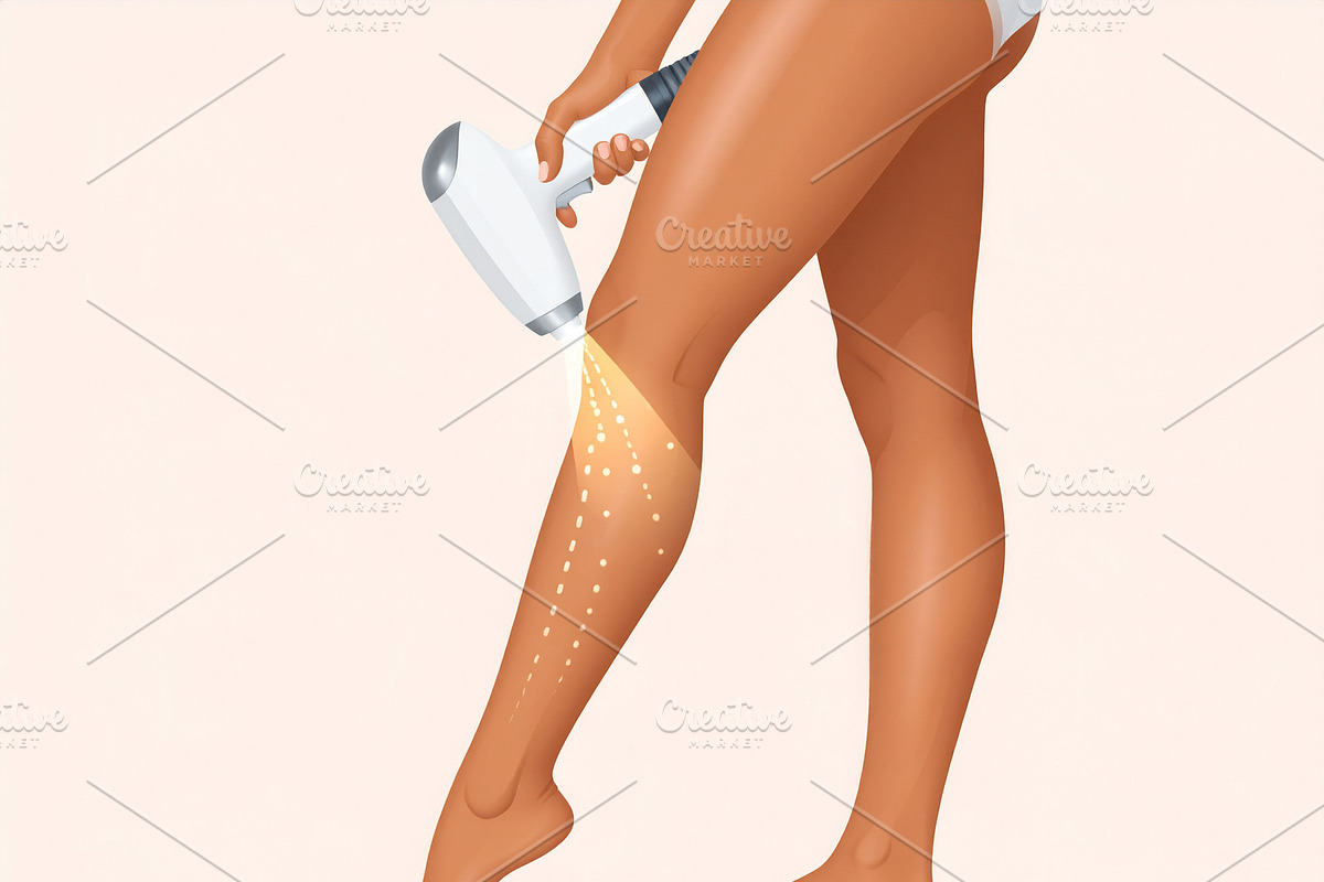 Woman applying laser hair removal to his legs using a handheld d, a Healthcare Illustration by DanFLCreativo