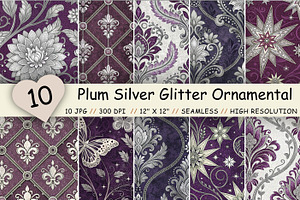 Plum Silver Glitter Ornamental Pack