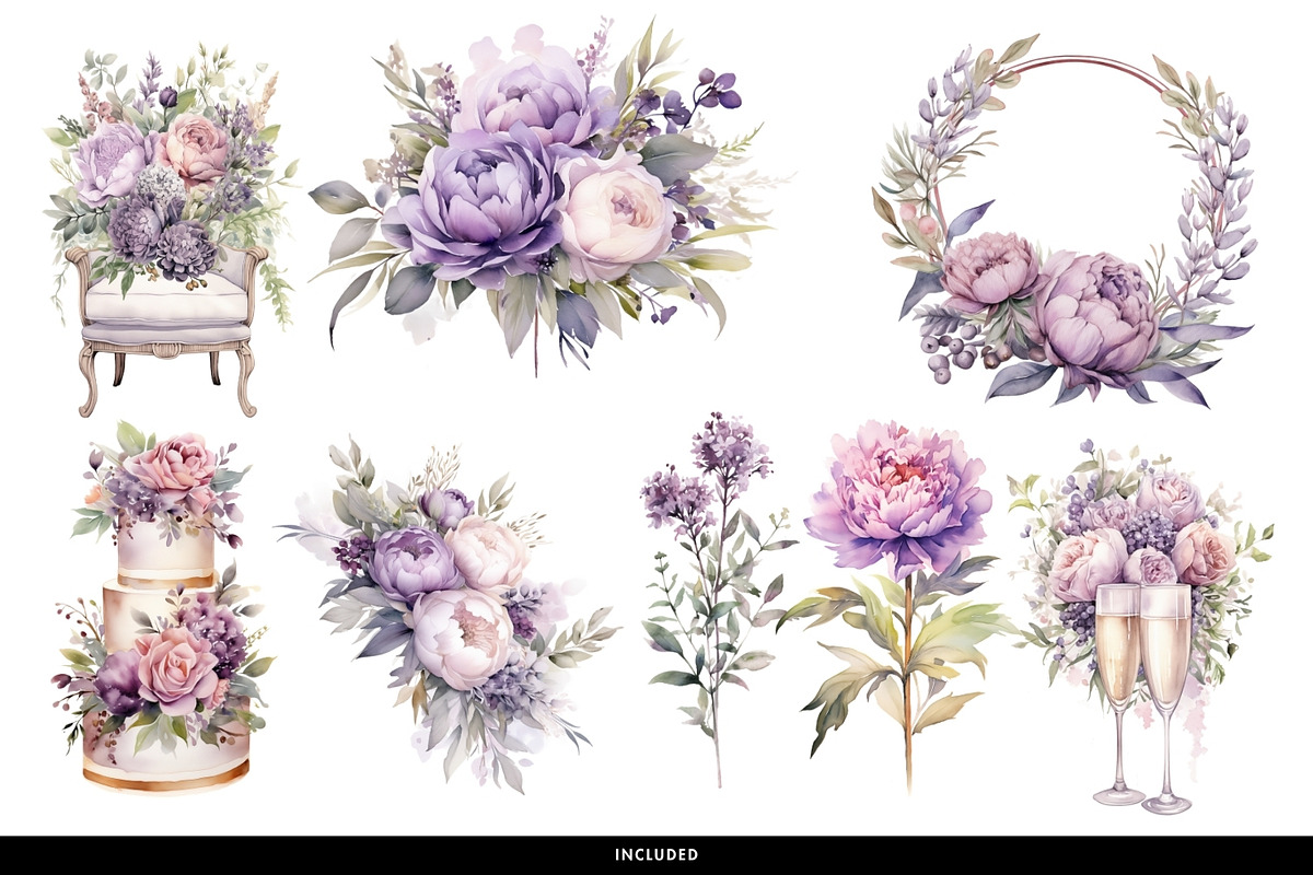 Purple Watercolor Floral & Patterns, a Decorative Illustration by illuztrate (Photo 3 of 9)