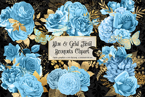 Blue And Gold Floral Clipart