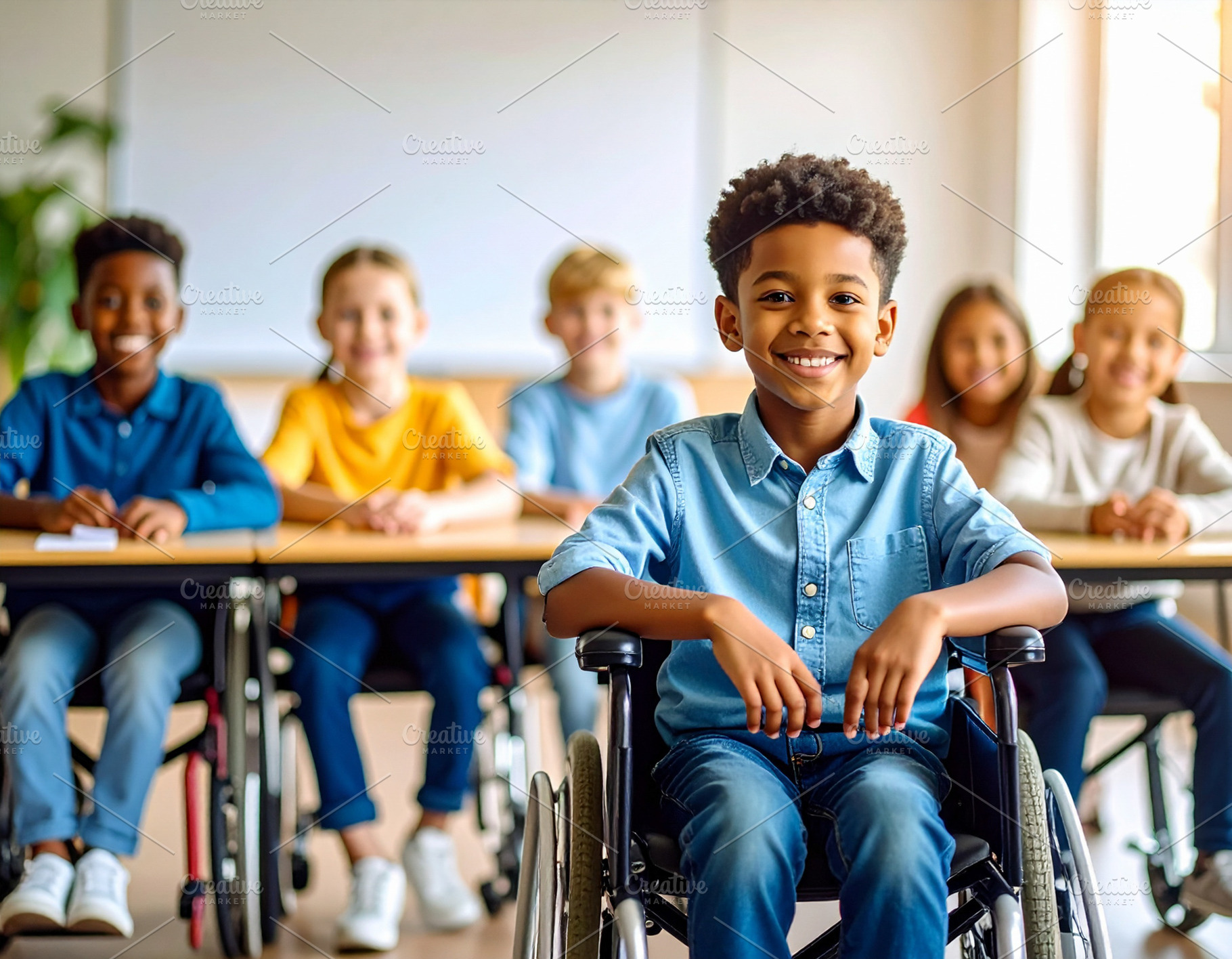 Boy at wheelchair smiling at classroom, a School & Education Photo by DanFLCreativo