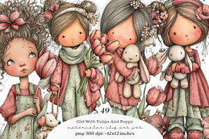 Whimsical Girl With Tulips And Puppy, an Illustration by SinaCreation