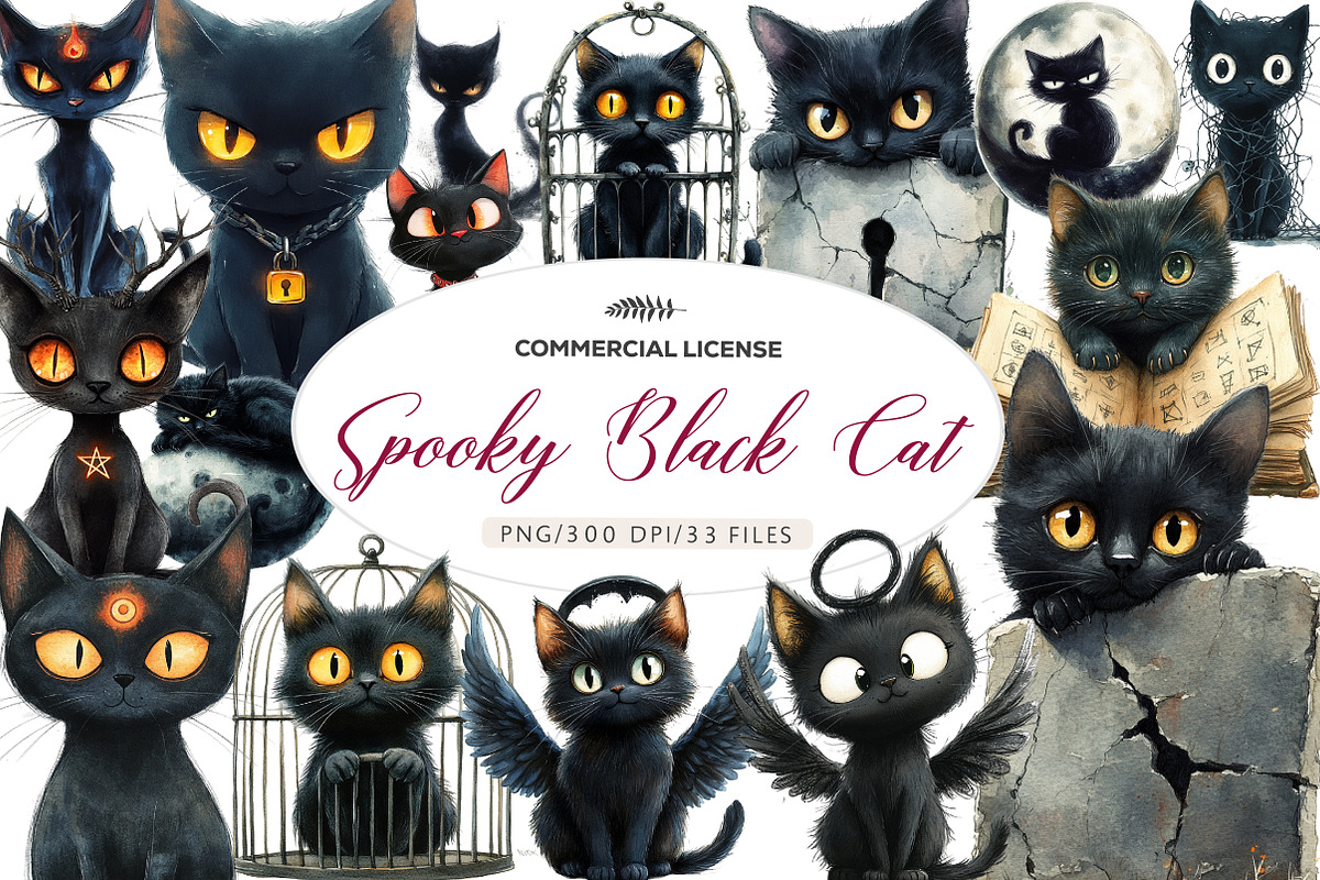 Spooky Black Cat Clipart, an Illustration by CreationArt (Photo 1 of 6)