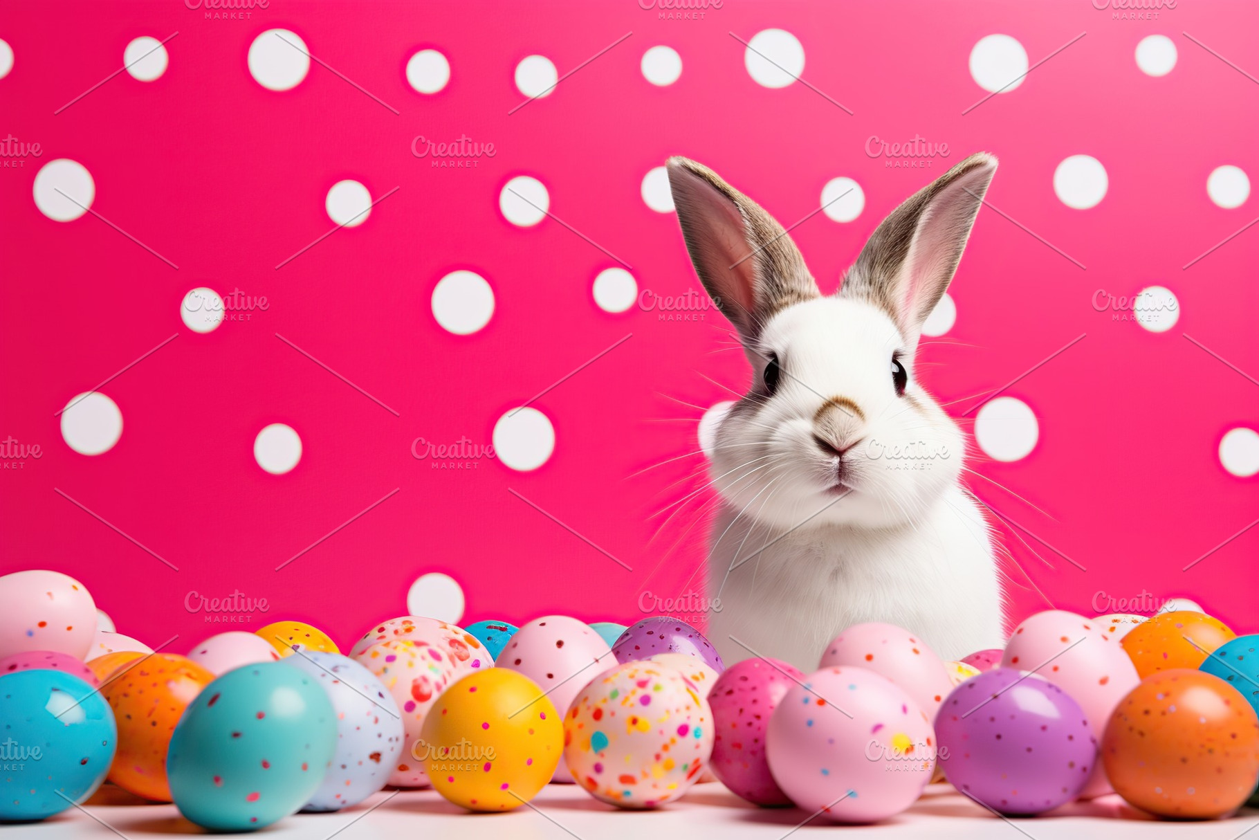 Cute bunny with easter eggs on pink background, a Holiday Photo by AlyaAnd
