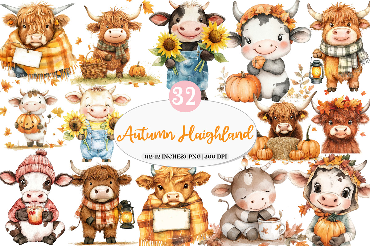 Watercolor Autumn Haighland Cow png, an Illustration by Watercolor design (Photo 1 of 4)