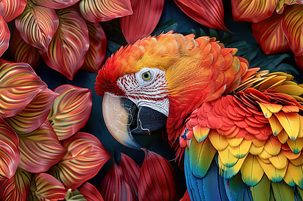 A colorful macaw on a branch amid be, a Photo by LOGOCREATIVE