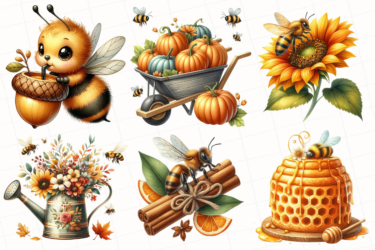 Watercolor Autumn Bee Garden Clipart, an Illustration by OK Design (Photo 2 of 5)
