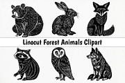 Forest Animals Linocut Clipart, an Animal Illustration by ArtIrisArt (Thumbnail 1 of 4)